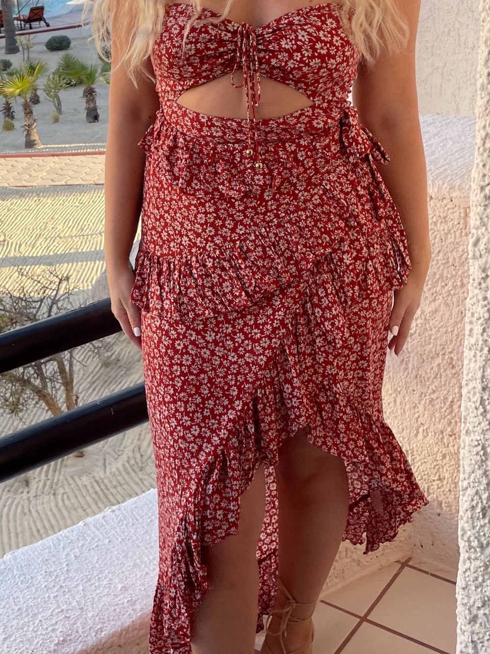 Floral Midi Dress in Red & White Like New